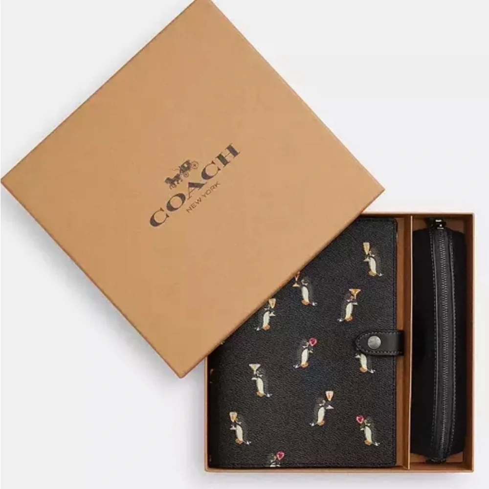 Coach Boxed Notebook And Pencil Case Set With Penguin Print